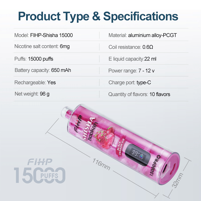 FIHP Shisha Hookah 15000 Pro Puffs Rechargeable Vape Bulk Wholesale for Hookah Enthusiasts 21 FIHP Shisha Hookah 15000 Pro Puffs Disposable Vape – 6mg Low Nicotine, Rechargeable, Bulk Wholesale