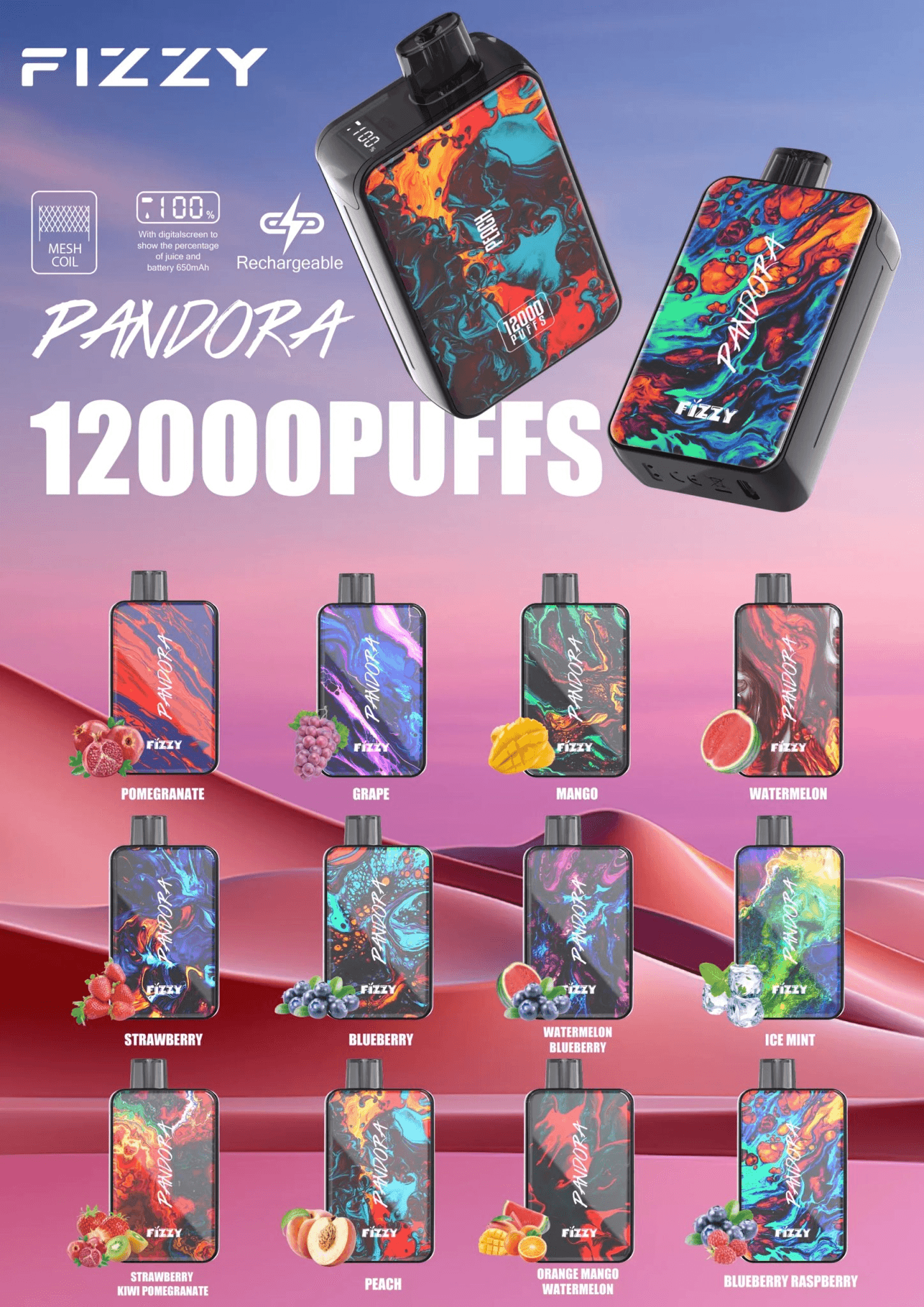 Wholesale Fizzy Pandora 12000 Puffs Vape Pen | Low Nicotine, LCD Screen, Bulk Rechargeable Disposable