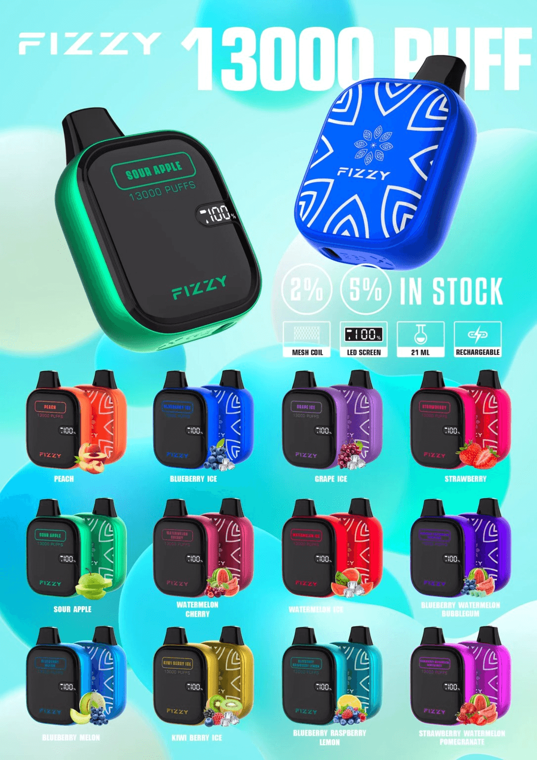 Buy Fizzy Boom 13000 Puffs Disposable Vape Pen | Rechargeable, Low Nicotine, Wholesale Bulk