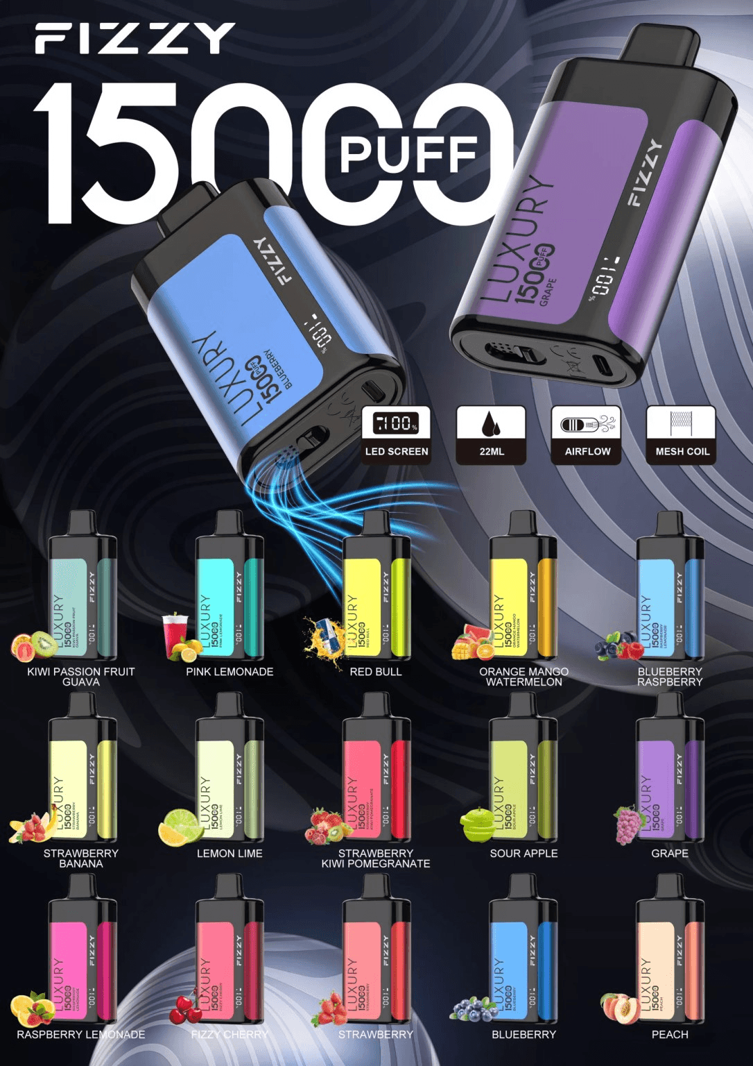 Fizzy Luxury 15000 Puffs Rechargeable Vape Pen LCD Screen Bulk Wholesale 40 Fizzy Luxury 15000 Puffs Rechargeable Vape Pen | LCD Screen, Low Nicotine, Wholesale Bulk Buy