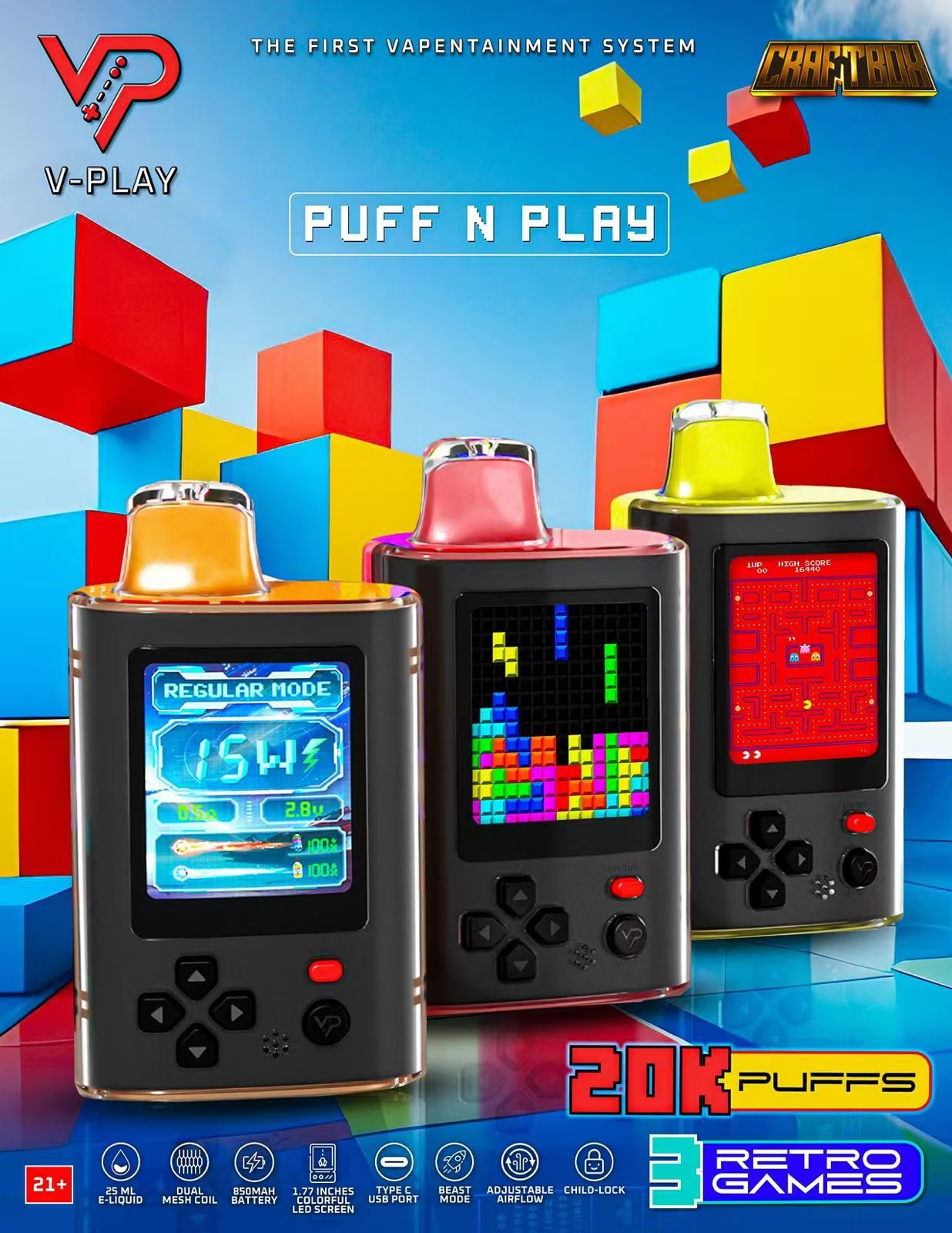 Craftbox V-Play 20K Disposable Vape | 20000 Puffs, Gaming Display, Rechargeable