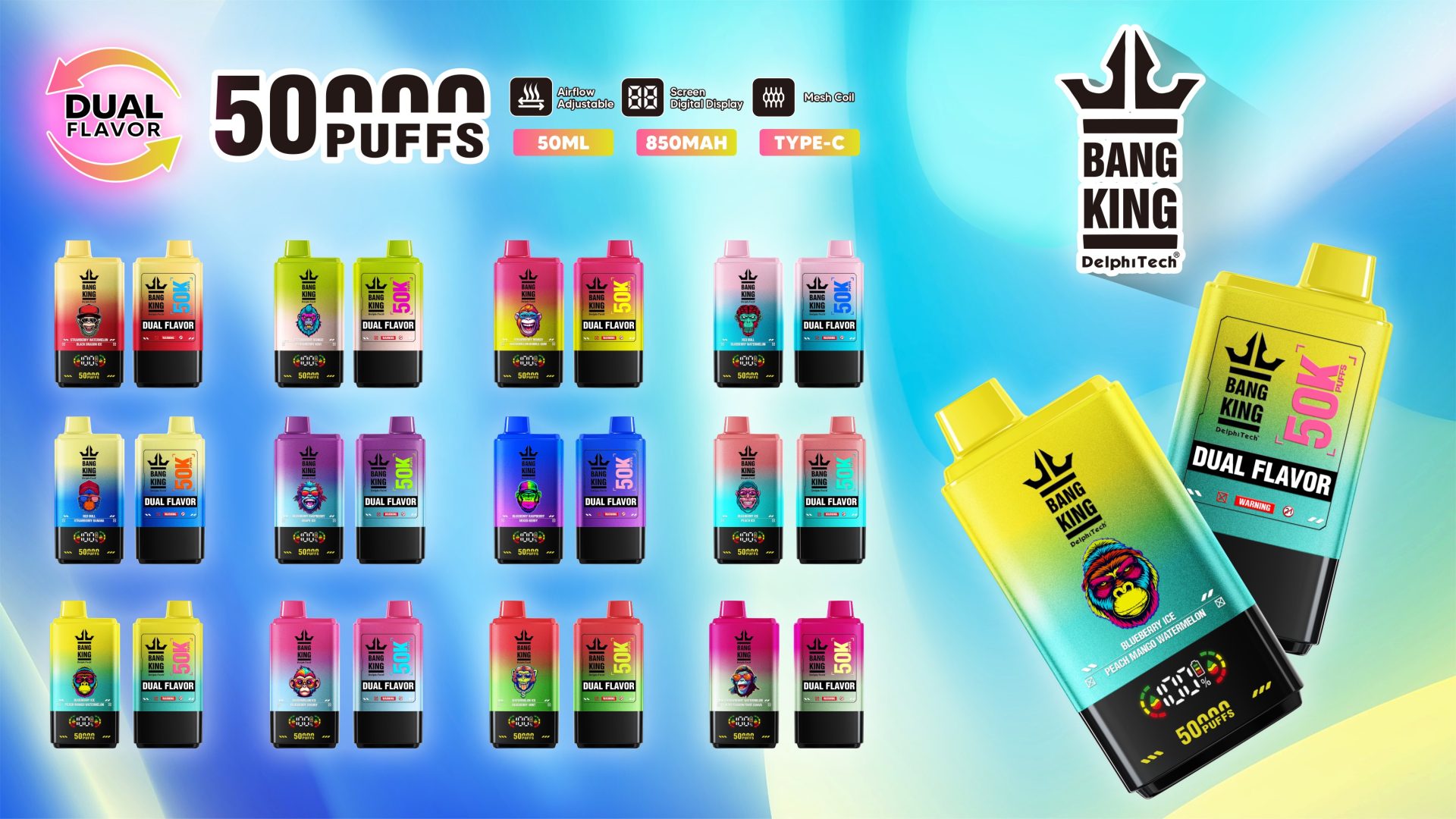 Bang King: 50K Puffs Disposable Vape Wholesale – Dual Flavor Innovation, Adjustable Airflow & Rechargeable 850mAh